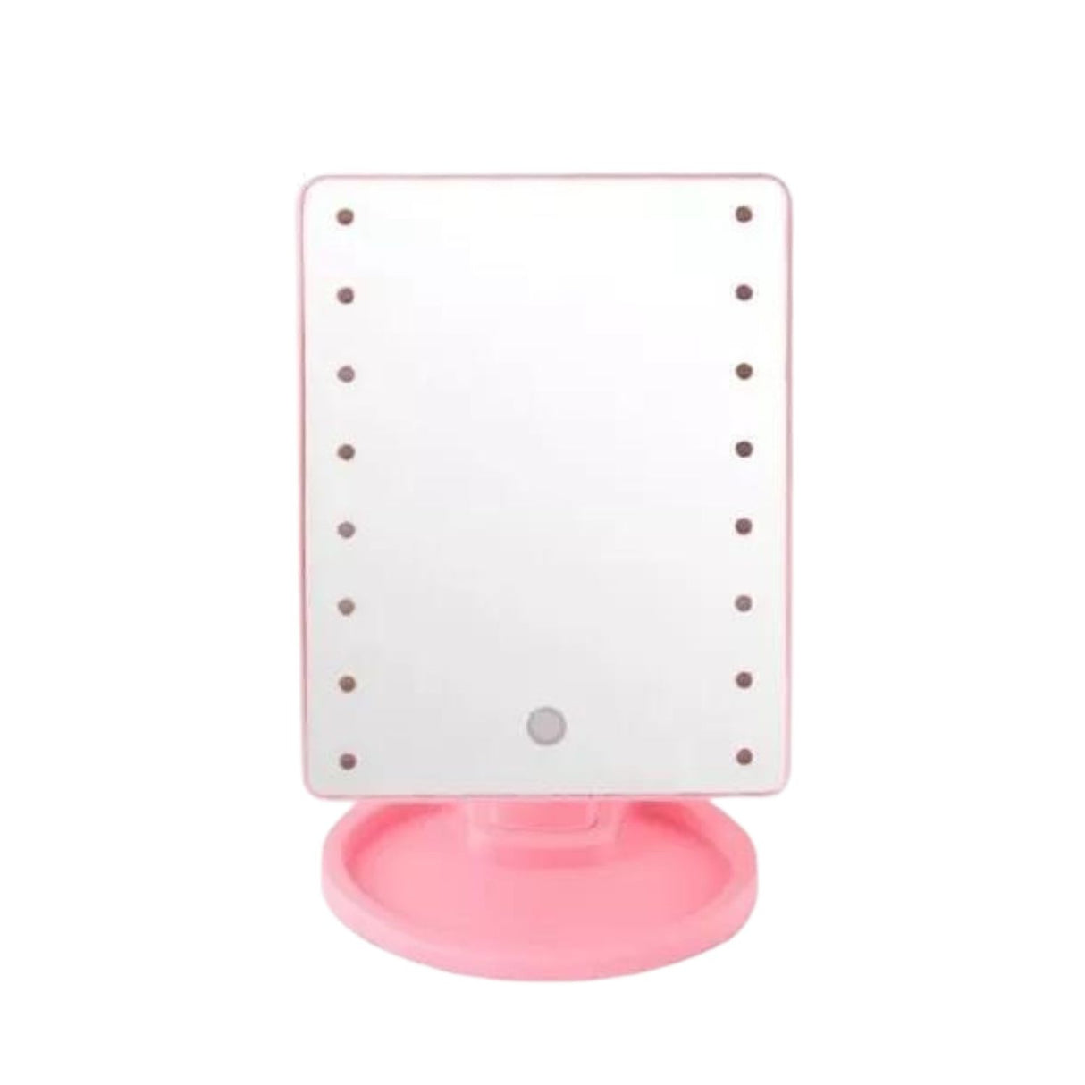 Espejo pedestal rosa de 16 cm con luces LED, ideal para maquillaje y cuidado facial, diseño elegante y compacto.-1-3-1