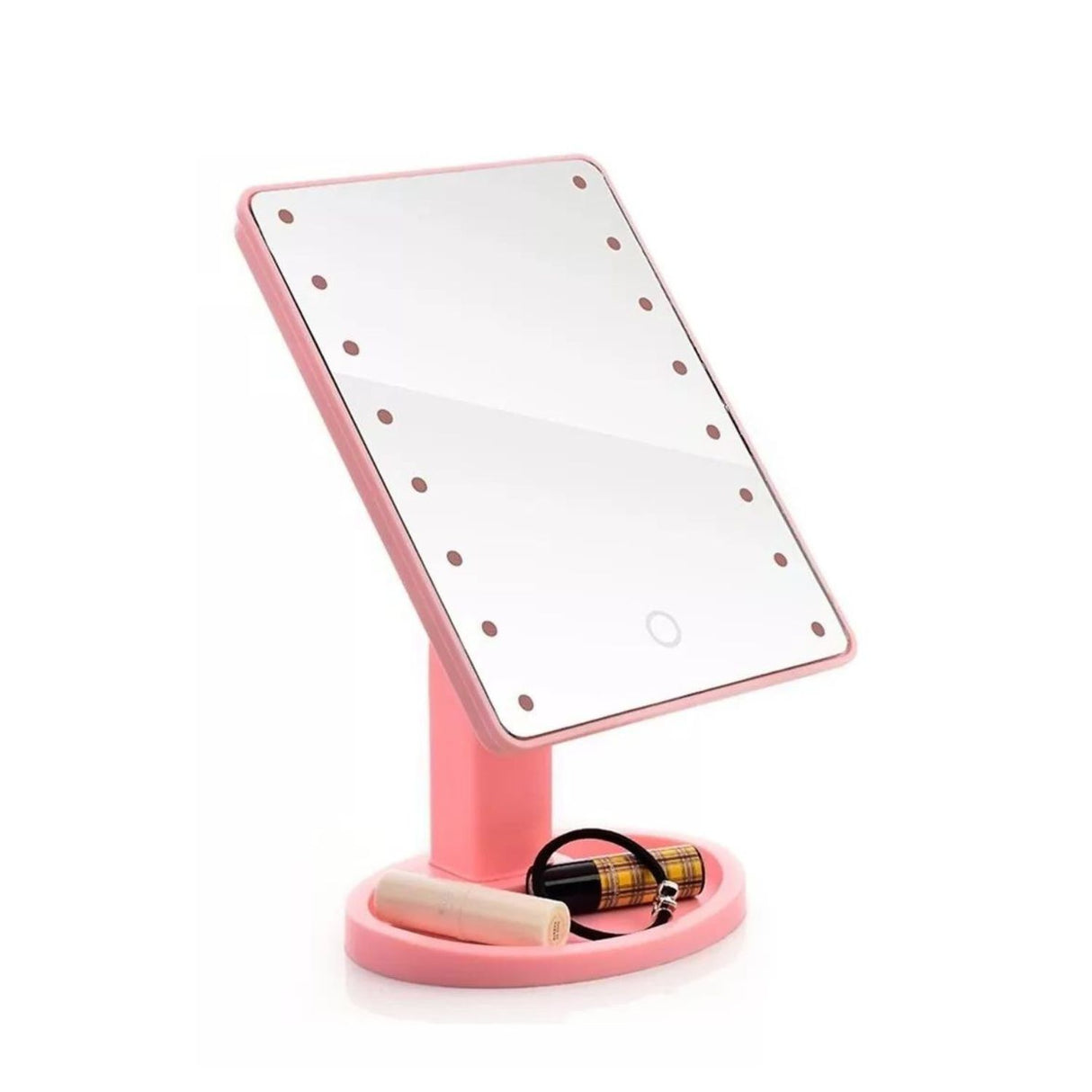 Espejo pedestal rosa de 16 cm con luces LED, ideal para maquillaje y cuidado facial, diseño elegante y compacto.-4