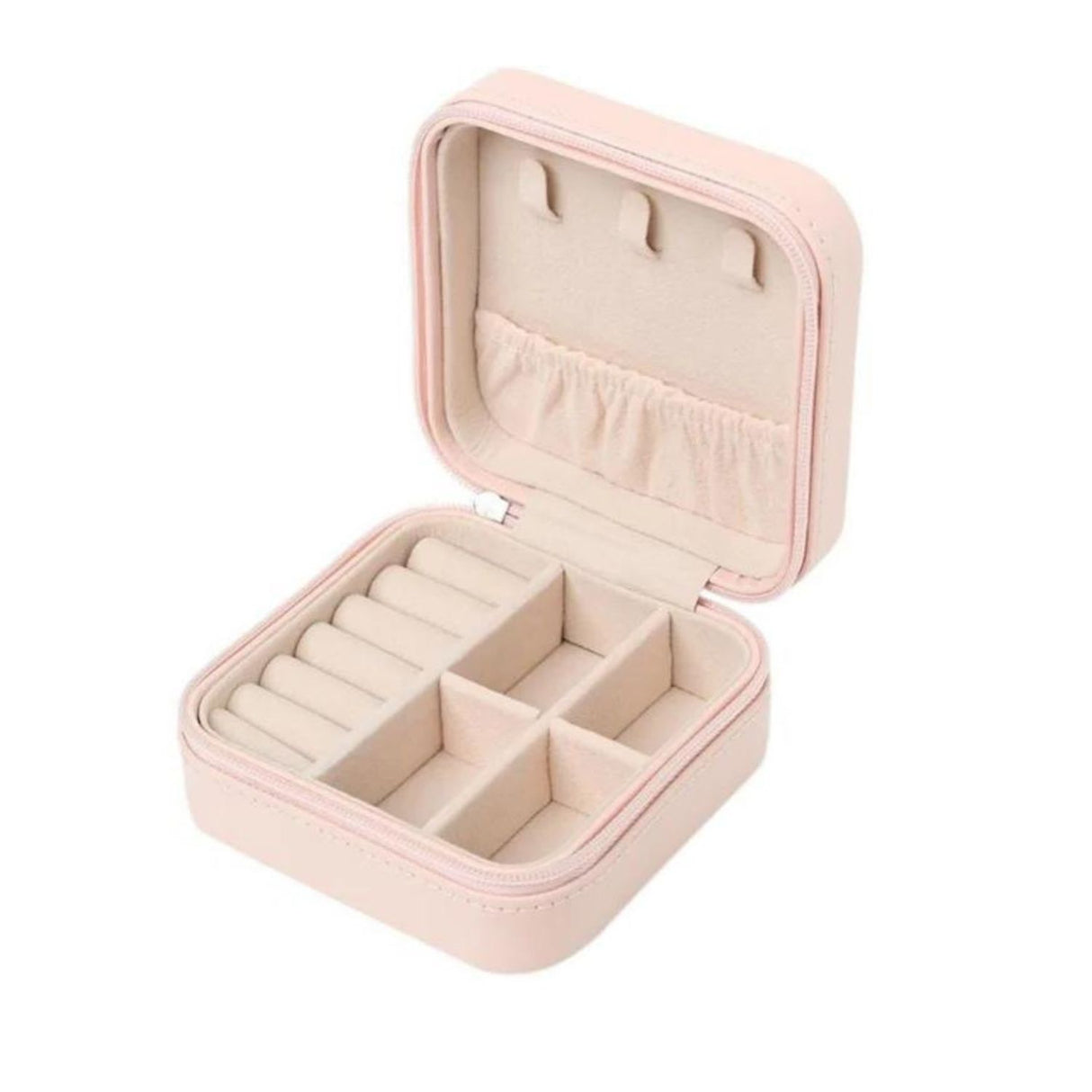 Estuche organizador de joyas cuadrado rosa de 10 cm, cuero sintético, compacto y resistente, ideal para aros, collares y pulseras.-4