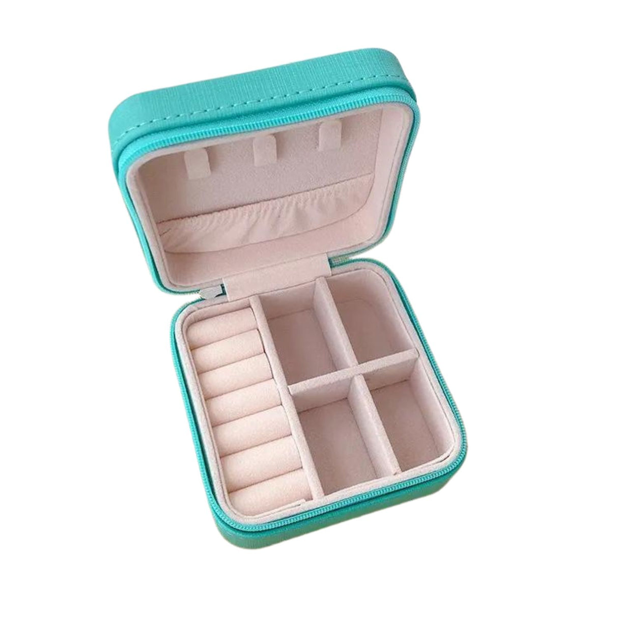 Estuche organizador de joyas cuadrado turquesa, 10x10 cm, suave al tacto, con compartimentos para anillos y collares. Ideal para viajes y uso diario.-1-3-1