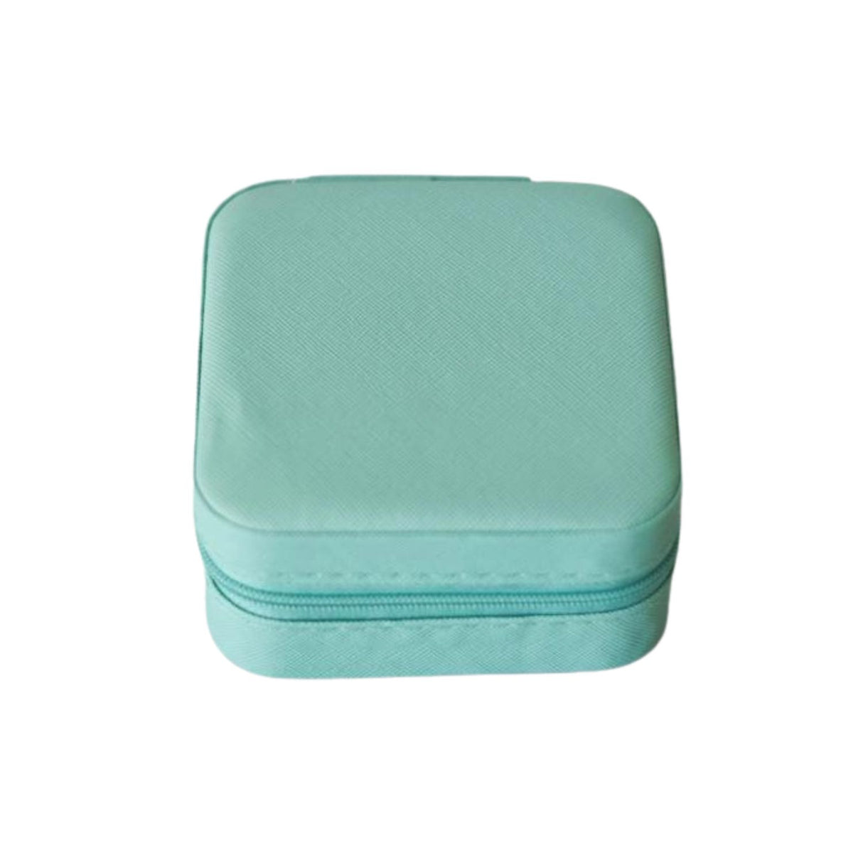 Estuche organizador de joyas cuadrado turquesa, 10x10 cm, suave al tacto, con compartimentos para anillos y collares. Ideal para viajes y uso diario.-1-4-1