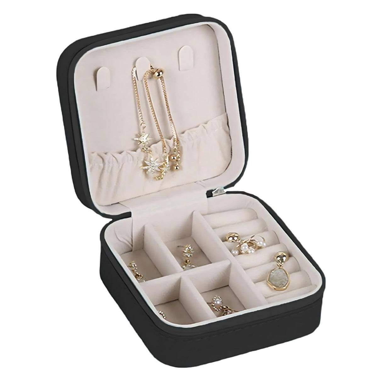 Estuche organizador de joyas cuadrado negro de 10cm, con compartimentos para collares y aretes, fabricado en material sintético y terciopelo.-1-3-1