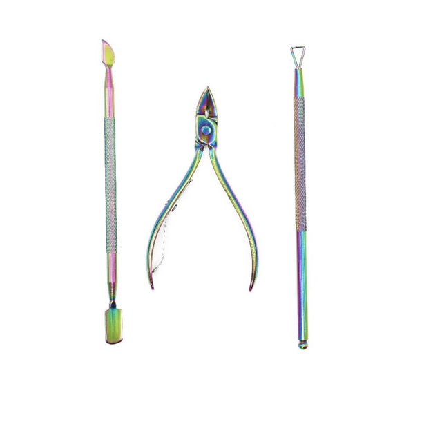 Set de Manicura Flower Secret Tornasol de 3 piezas en acero inoxidable, compacto y ergonómico, ideal para cuidado profesional de uñas.-1-1-1