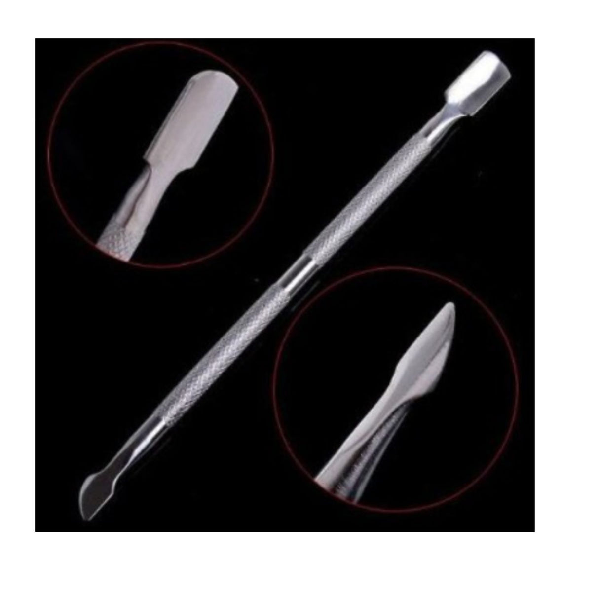 Varilla empuja cutícula de 12 cm en acero inoxidable gris, ergonómica y biselada, ideal para manicura profesional y cuidado de uñas.-1-3-1