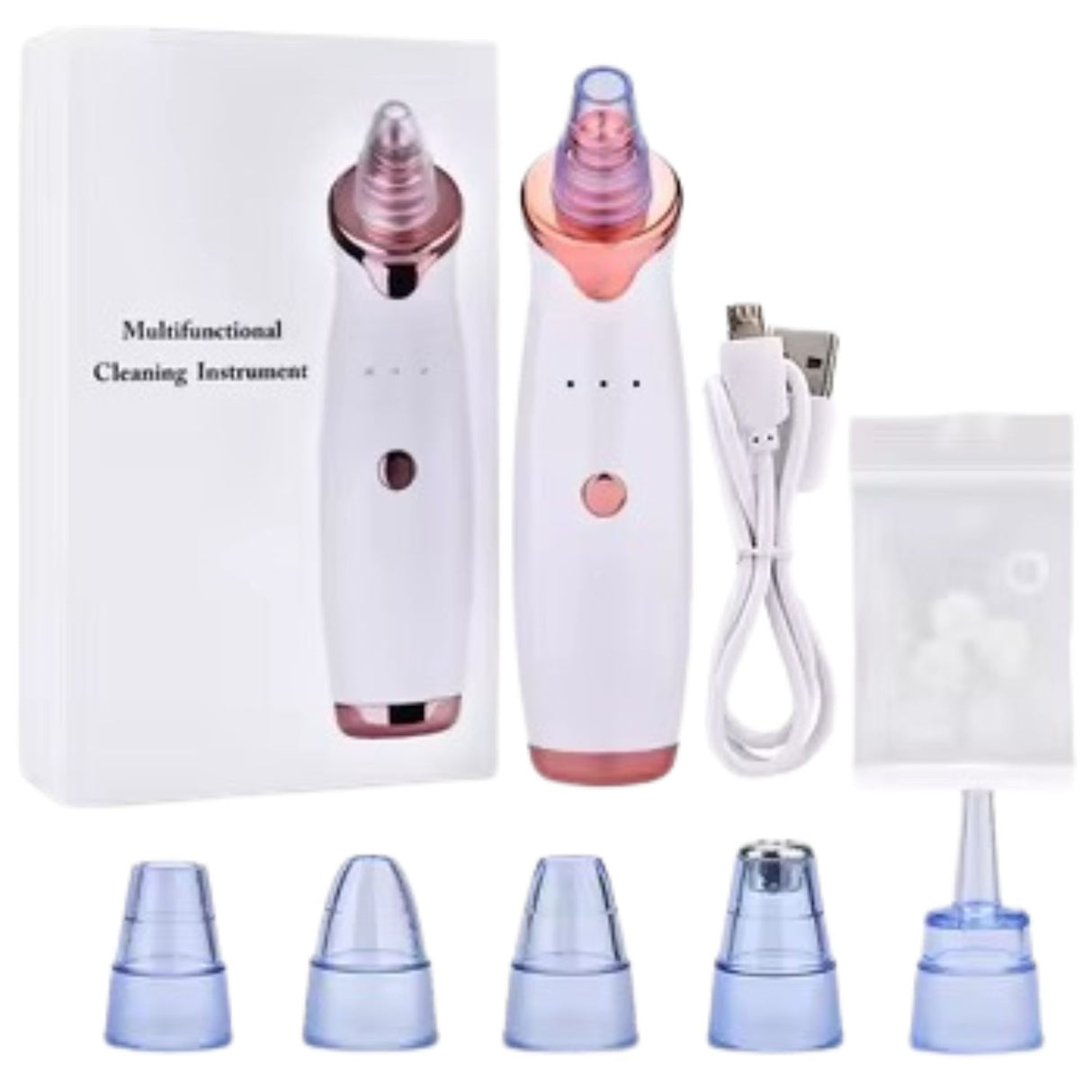 Extractor de imperfecciones faciales blanco y azul, con succión ajustable y cabezales intercambiables para limpieza profunda de poros.-1-2-1