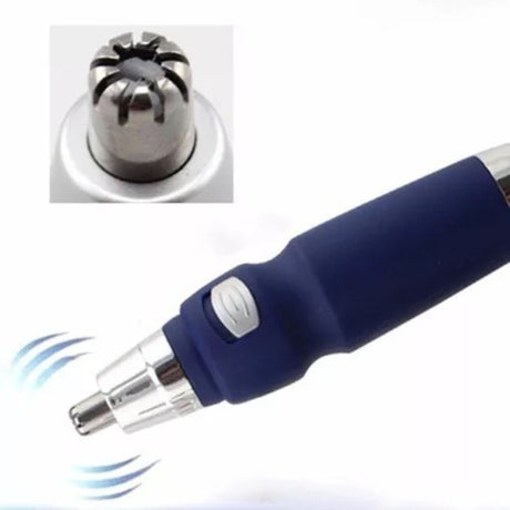Depiladora Bello Nasal azul de 13 cm, con cuchillas de acero inoxidable y diseño ergonómico para eliminar vello nasal y auricular con precisión.-1-2-1