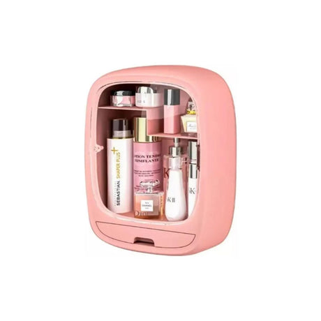 Comestiquero montable rosa de plástico resistente, con múltiples compartimentos para organizar cosméticos y accesorios en espacios pequeños.-1-2-1