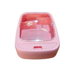 Comestiquero montable rosa de plástico resistente, con múltiples compartimentos para organizar cosméticos y accesorios en espacios pequeños.-1-3-1