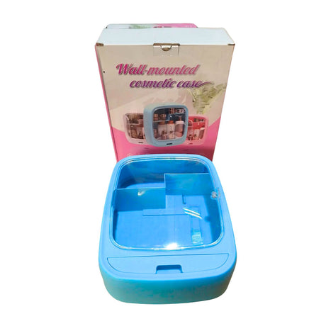 Comestiquero montable celeste de plástico, con múltiples compartimentos para organizar cosméticos y brochas. Ideal para espacios reducidos.-1-2-1