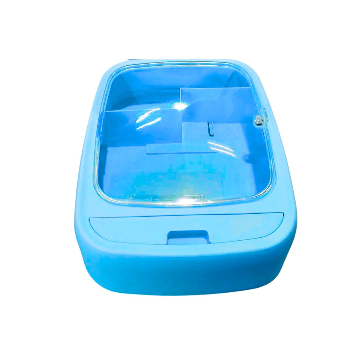 Comestiquero montable celeste de plástico, con múltiples compartimentos para organizar cosméticos y brochas. Ideal para espacios reducidos.-1-3-1