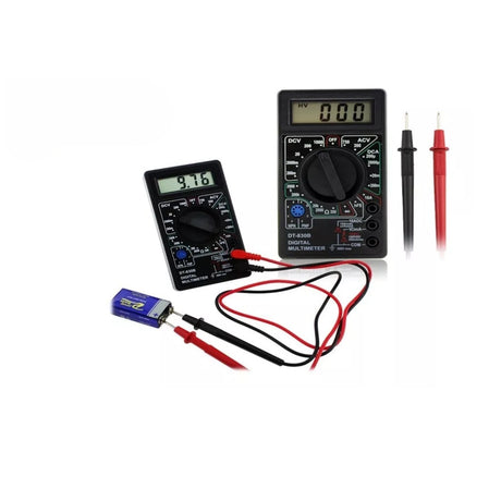 Multímetro digital DT-830B negro, compacto de 7 cm, mide voltaje, corriente y resistencia con pantalla LCD clara. Ideal para técnicos y aficionados.-2