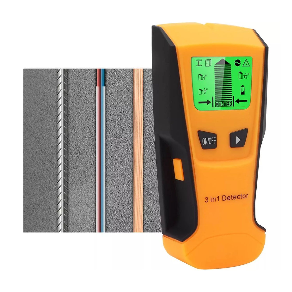Escáner digital detector de pared 3 en 1, color naranja, compacto y resistente, ideal para localizar madera, metal y electricidad en paredes.-1-4-1