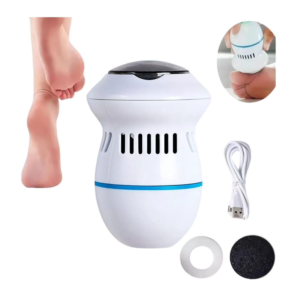 Máquina removedora de callos blanca y azul, ergonómica, con cabezal rotativo para pies suaves y cuidados en casa.-1-2-1