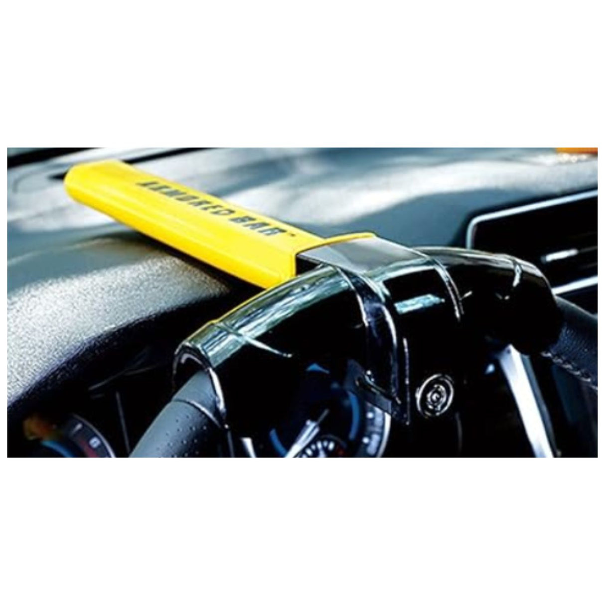 Traba volante amarilla de 36 cm, metálica y resistente, ideal para prevenir robos en vehículos. Diseño ergonómico y fácil de usar.-4