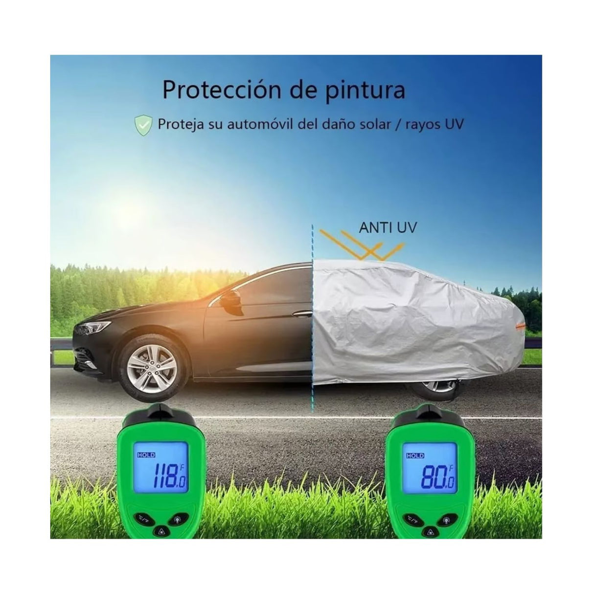 Cobertor de vehículo gris impermeable de 480 cm, resistente a agua y rayos UV, ideal para proteger coches en exteriores e interiores.-5