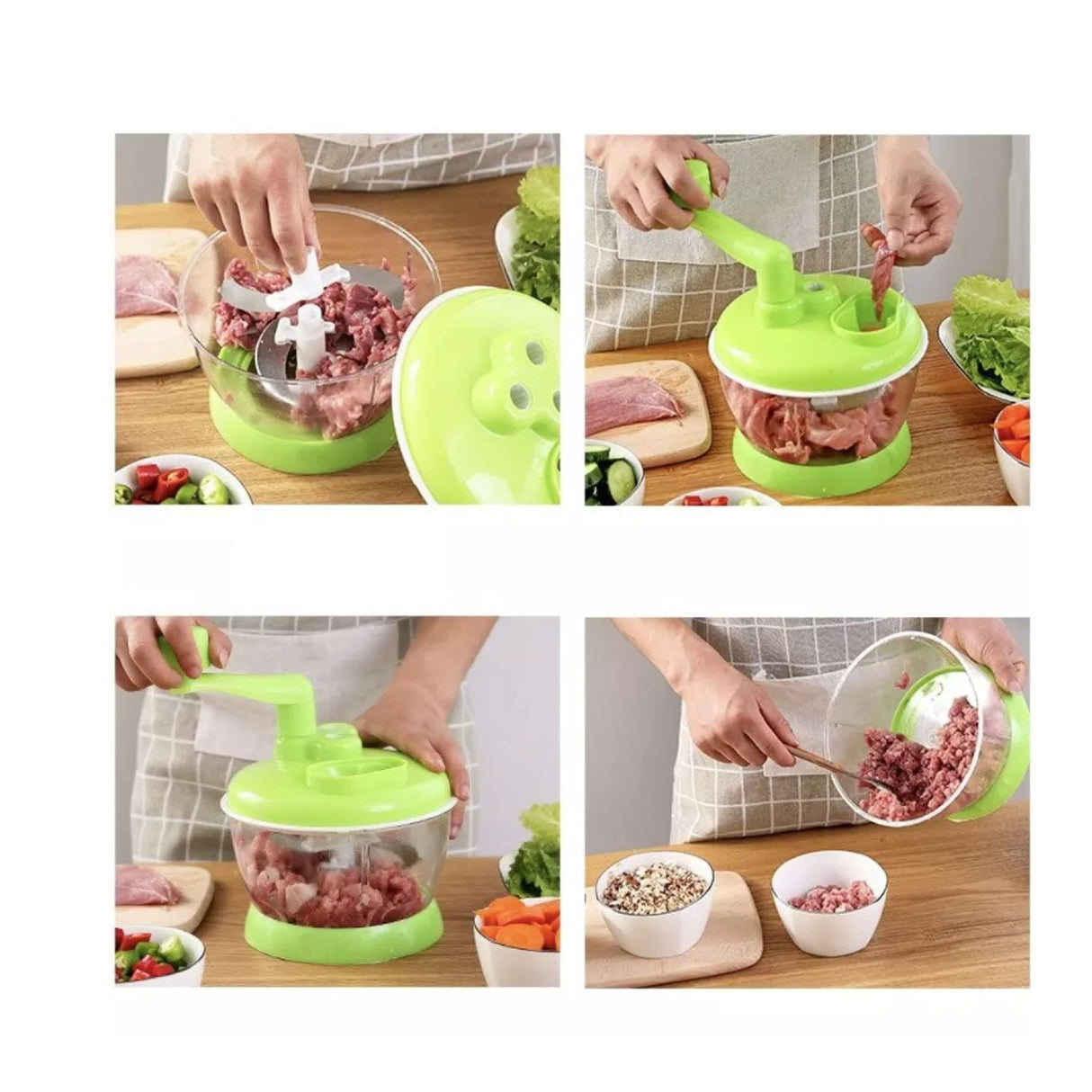 Picador de verduras manual verde de 19 cm, con cuchillas de acero inoxidable y base antideslizante, ideal para picar frutas y hierbas.-4