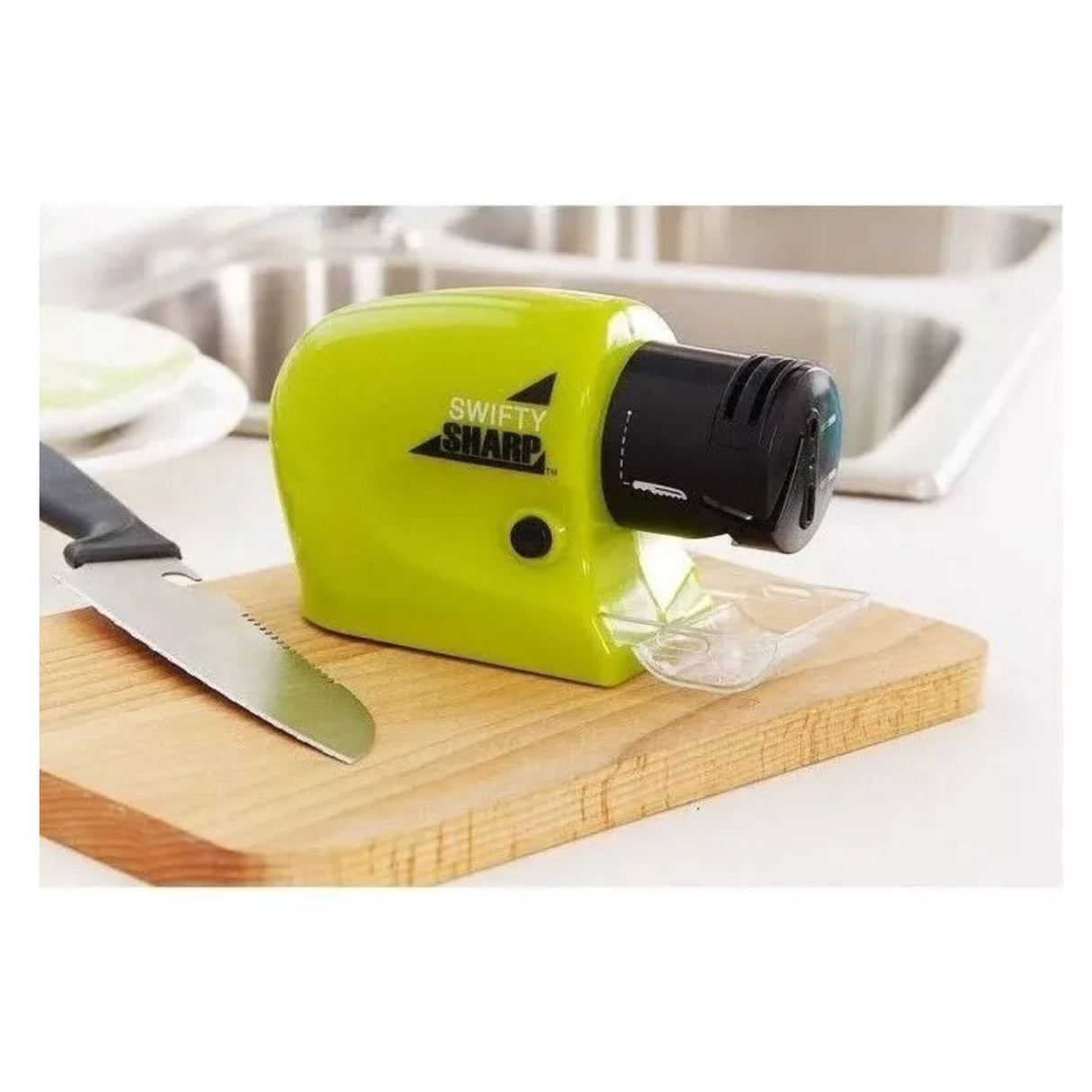 Afilador eléctrico verde de 15 cm, compacto y antideslizante, ideal para afilar cuchillos de cocina con motor potente y diseño duradero.-2