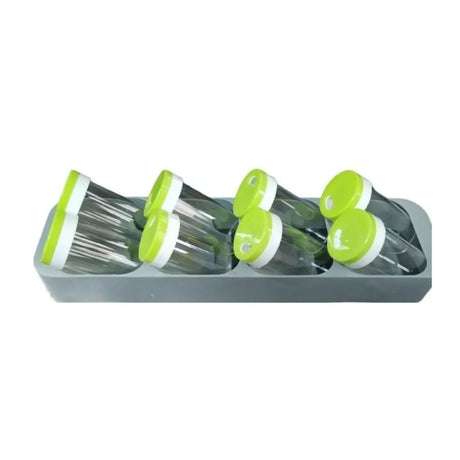 Especiero verde de plástico con 8 frascos herméticos, ideal para organizar especias en cocinas modernas. Diseño compacto y elegante.-1