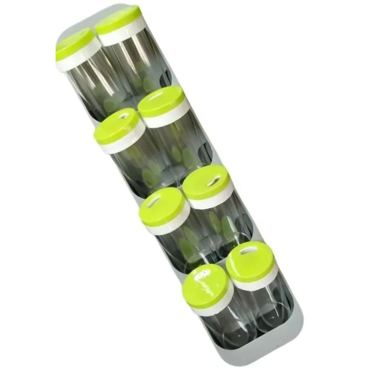 Especiero verde de plástico con 8 frascos herméticos, ideal para organizar especias en cocinas modernas. Diseño compacto y elegante.-1-2-1