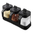 Especiero moderno de 3 frascos negros de plástico, con tapas herméticas y diseño elegante, ideal para organizar especias en la cocina.-1-1-1