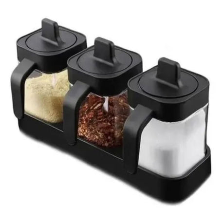 Especiero moderno de 3 frascos negros de plástico, con tapas herméticas y diseño elegante, ideal para organizar especias en la cocina.-1-1-1