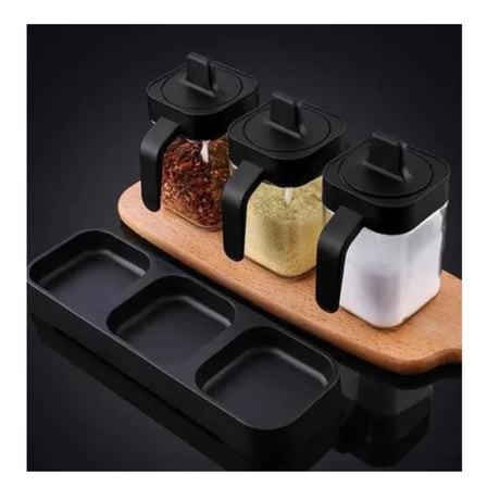 Especiero moderno de 3 frascos negros de plástico, con tapas herméticas y diseño elegante, ideal para organizar especias en la cocina.-1-2-1