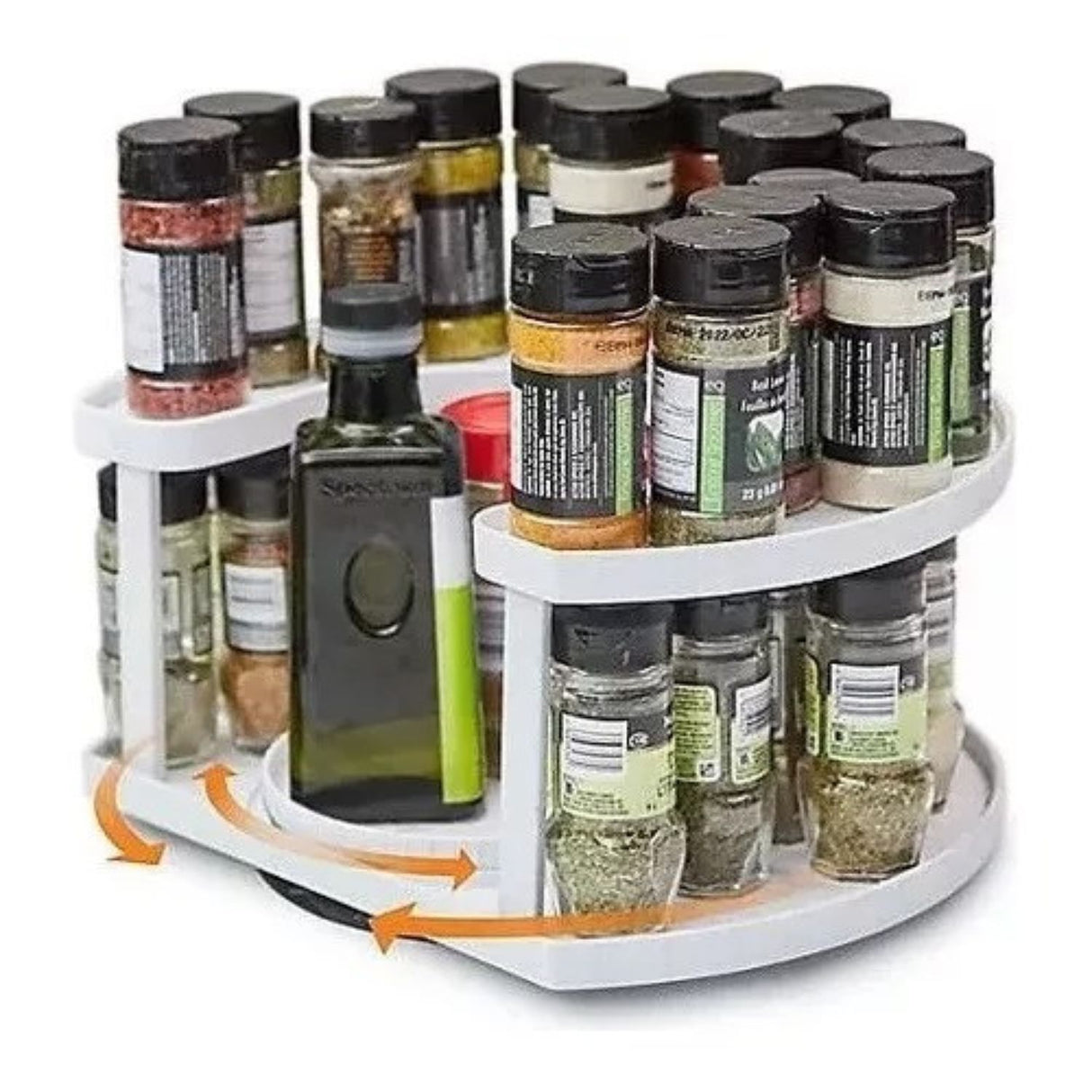 Especiero giratorio de 2 pisos, color blanco, plástico resistente, diámetro 34 cm, ideal para organizar especias y condimentos en la cocina.-1-1-1
