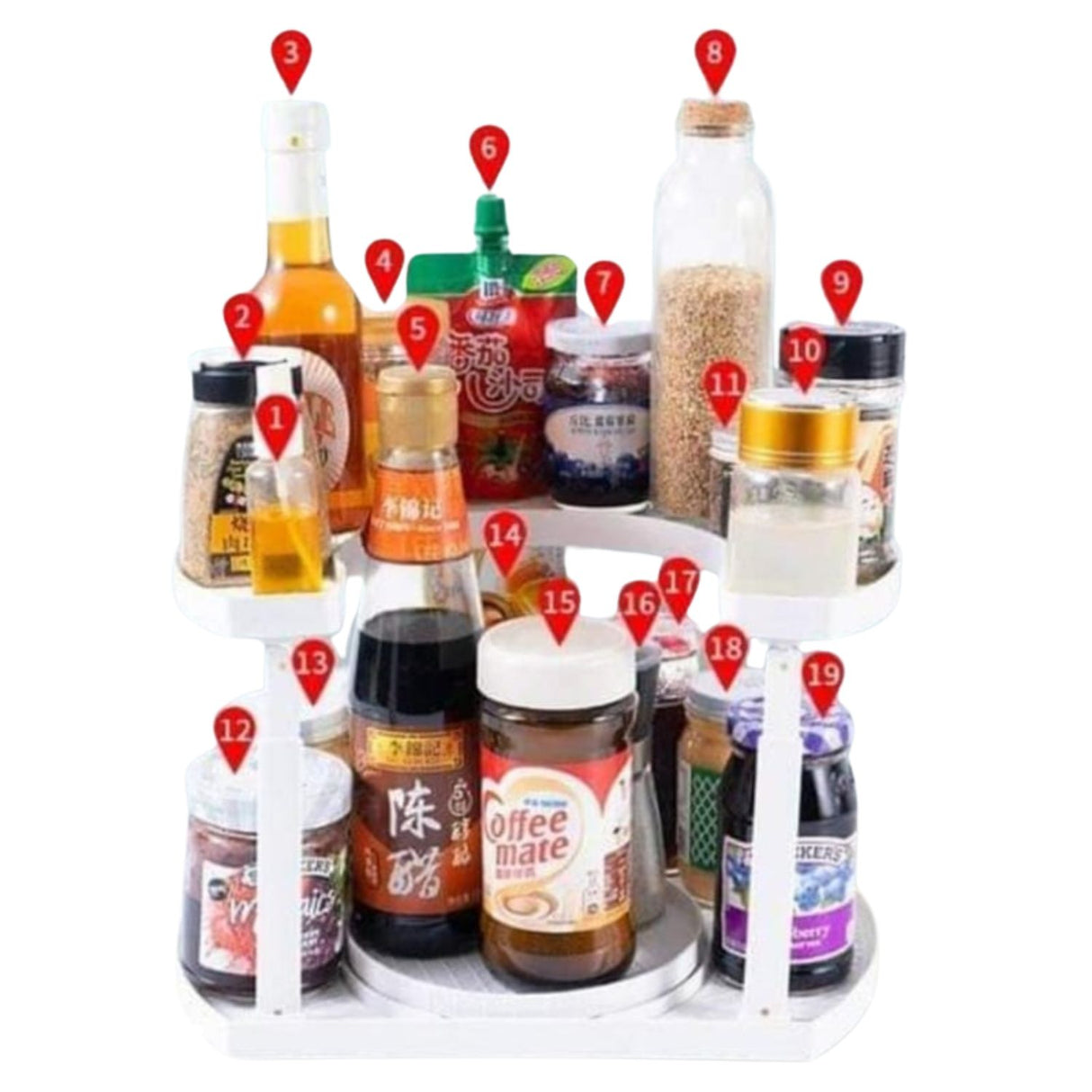 Especiero giratorio de 2 pisos, color blanco, plástico resistente, diámetro 34 cm, ideal para organizar especias y condimentos en la cocina.-1-3-1