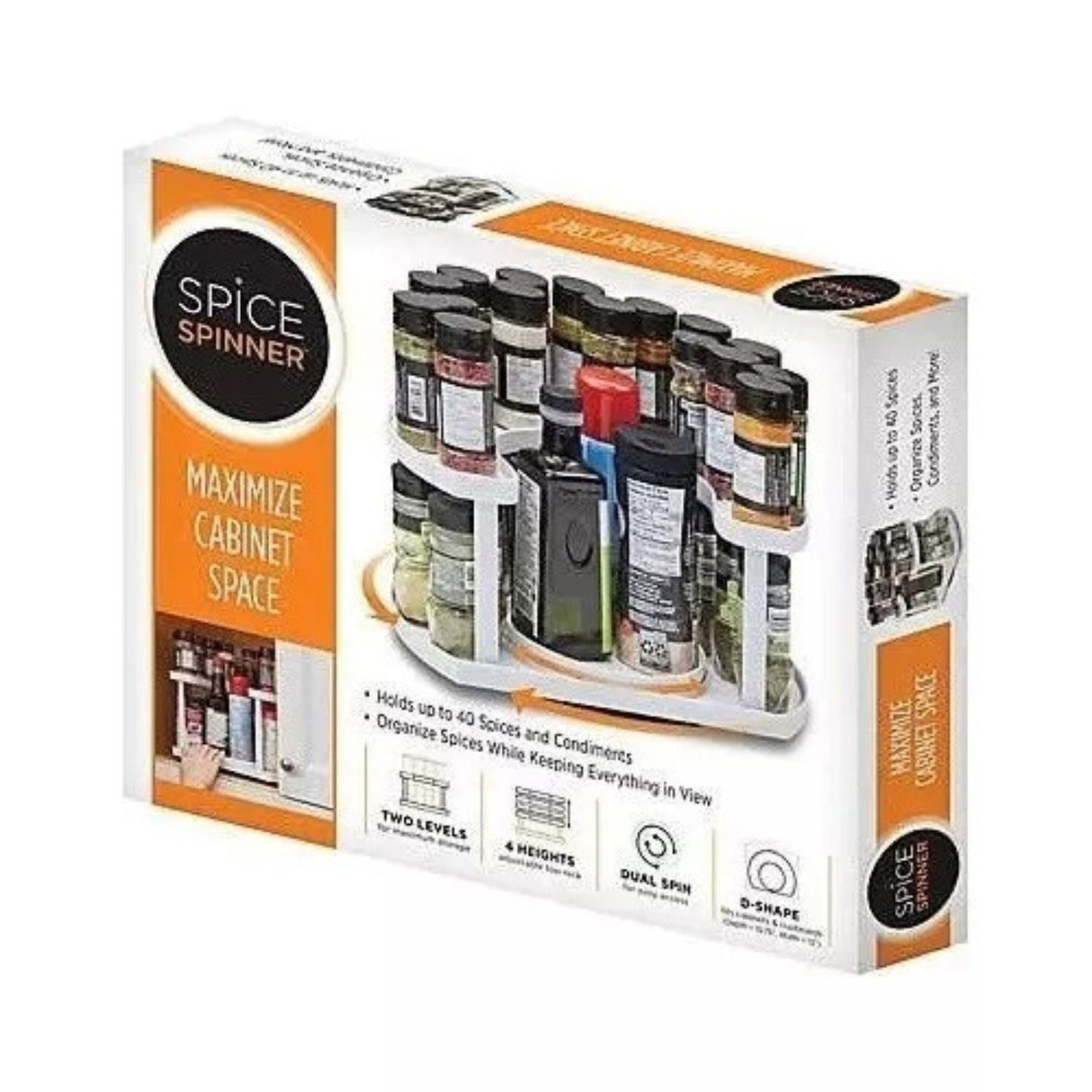 Especiero giratorio de 2 pisos, color blanco, plástico resistente, diámetro 34 cm, ideal para organizar especias y condimentos en la cocina.-1-4-1