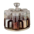 Especiero giratorio de 6 frascos de vidrio con tapa de metal en plata, ideal para organizar especias y condimentos en la cocina.-1-1-1