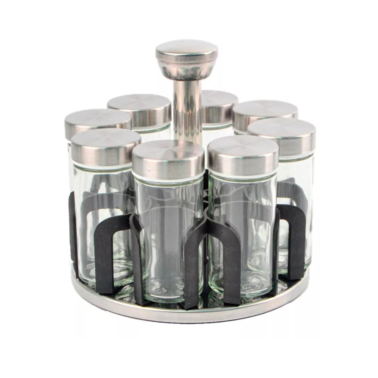 Especiero giratorio de 6 frascos de vidrio con tapa de metal en plata, ideal para organizar especias y condimentos en la cocina.-1-2-1