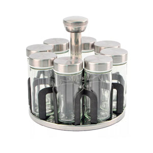 Especiero giratorio de 6 frascos de vidrio con tapa de metal en plata, ideal para organizar especias y condimentos en la cocina.-1-2-1