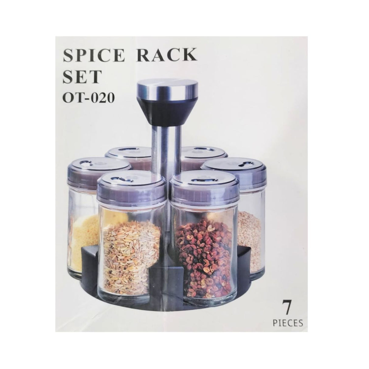 Especiero giratorio de 6 frascos de vidrio con tapa de metal en plata, ideal para organizar especias y condimentos en la cocina.-1-3-1