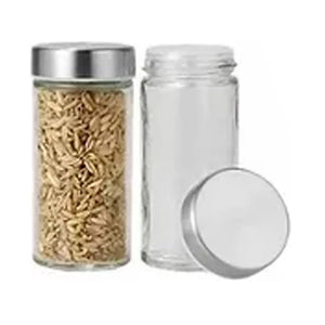 Especiero giratorio de 6 frascos de vidrio con tapa de metal en plata, ideal para organizar especias y condimentos en la cocina.-1-4-1