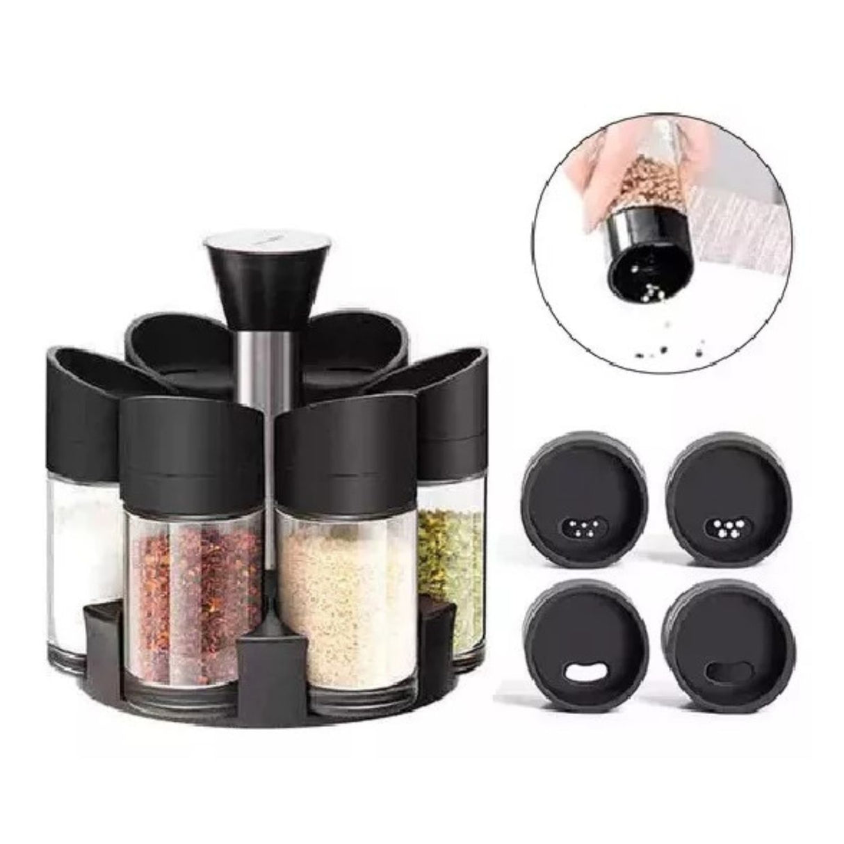 Especiero girador negro de 14 cm con tapa plástica, ideal para organizar especias y mantenerlas frescas. Diseño elegante y funcional.-1-2-1