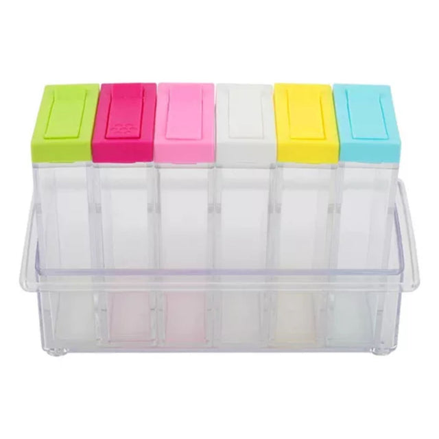 Especiero de 6 frascos rectangulares de vidrio transparente con tapas herméticas, ideal para organizar especias en la cocina.-1