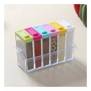 Especiero de 6 frascos rectangulares de vidrio transparente con tapas herméticas, ideal para organizar especias en la cocina.-1-2-1