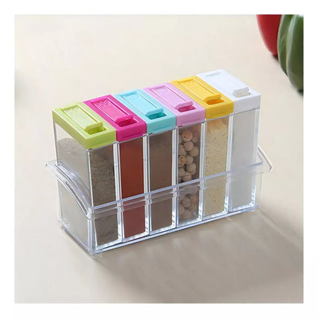 Especiero de 6 frascos rectangulares de vidrio transparente con tapas herméticas, ideal para organizar especias en la cocina.-1-2-1