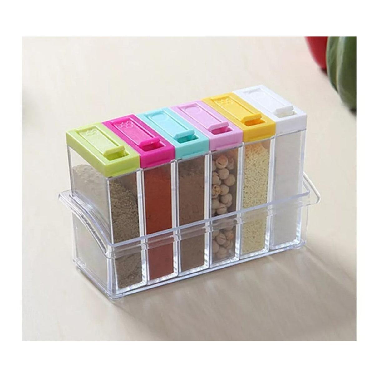 Especiero de 6 frascos rectangulares de vidrio transparente con tapas herméticas, ideal para organizar especias en la cocina.-3