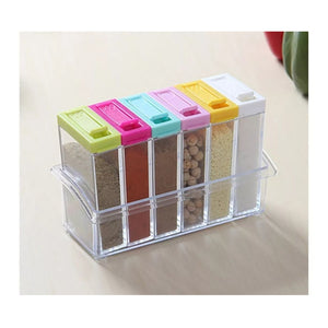 Especiero de 6 frascos rectangulares de vidrio transparente con tapas herméticas, ideal para organizar especias en la cocina.-1-3-1