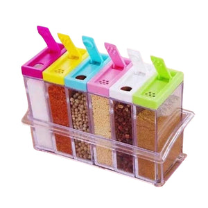 Especiero de 6 frascos rectangulares de vidrio transparente con tapas herméticas, ideal para organizar especias en la cocina.-1-4-1