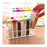 Especiero de 6 frascos rectangulares de vidrio transparente con tapas herméticas, ideal para organizar especias en la cocina.-5