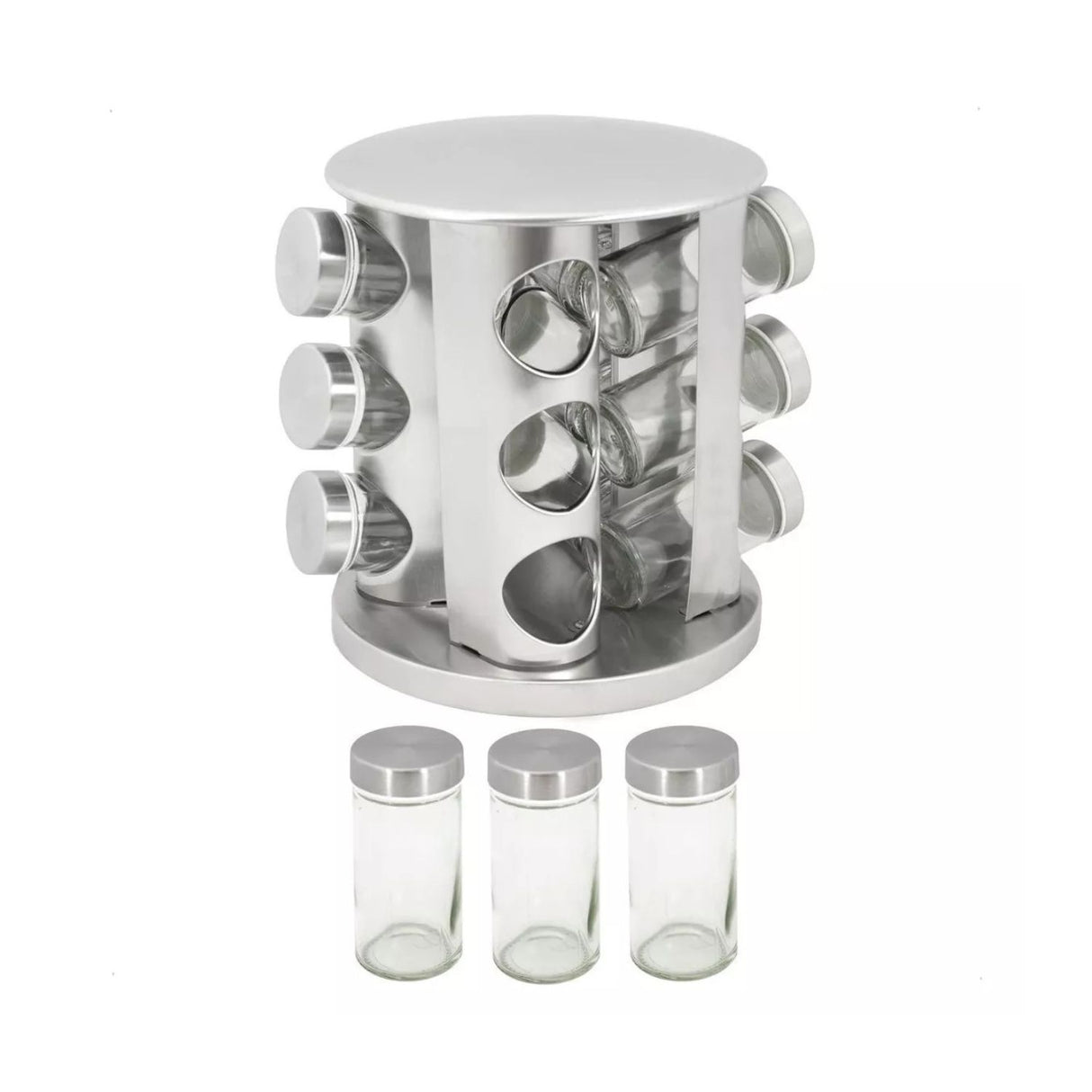 Especiero carrusel plateado de 16 frascos de vidrio, base giratoria para fácil acceso y diseño moderno, ideal para organizar especias.-1-1-1