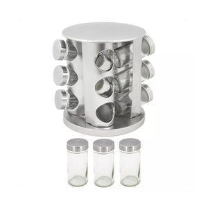 Especiero carrusel plateado de 16 frascos de vidrio, base giratoria para fácil acceso y diseño moderno, ideal para organizar especias.-1-1-1