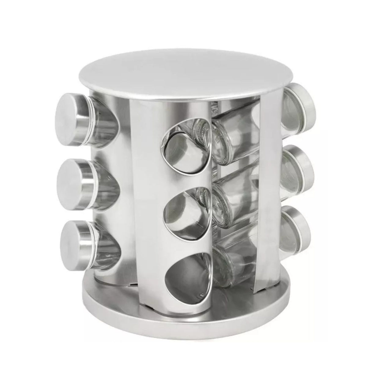Especiero carrusel plateado de 16 frascos de vidrio, base giratoria para fácil acceso y diseño moderno, ideal para organizar especias.-1-3-1