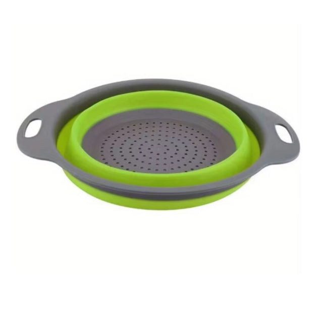 Colador plegable circular verde de 30 cm en silicona, ideal para escurrir pasta y lavar verduras. Resistente al calor y fácil de almacenar.-1