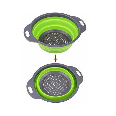 Colador plegable circular verde de 30 cm en silicona, ideal para escurrir pasta y lavar verduras. Resistente al calor y fácil de almacenar.-2