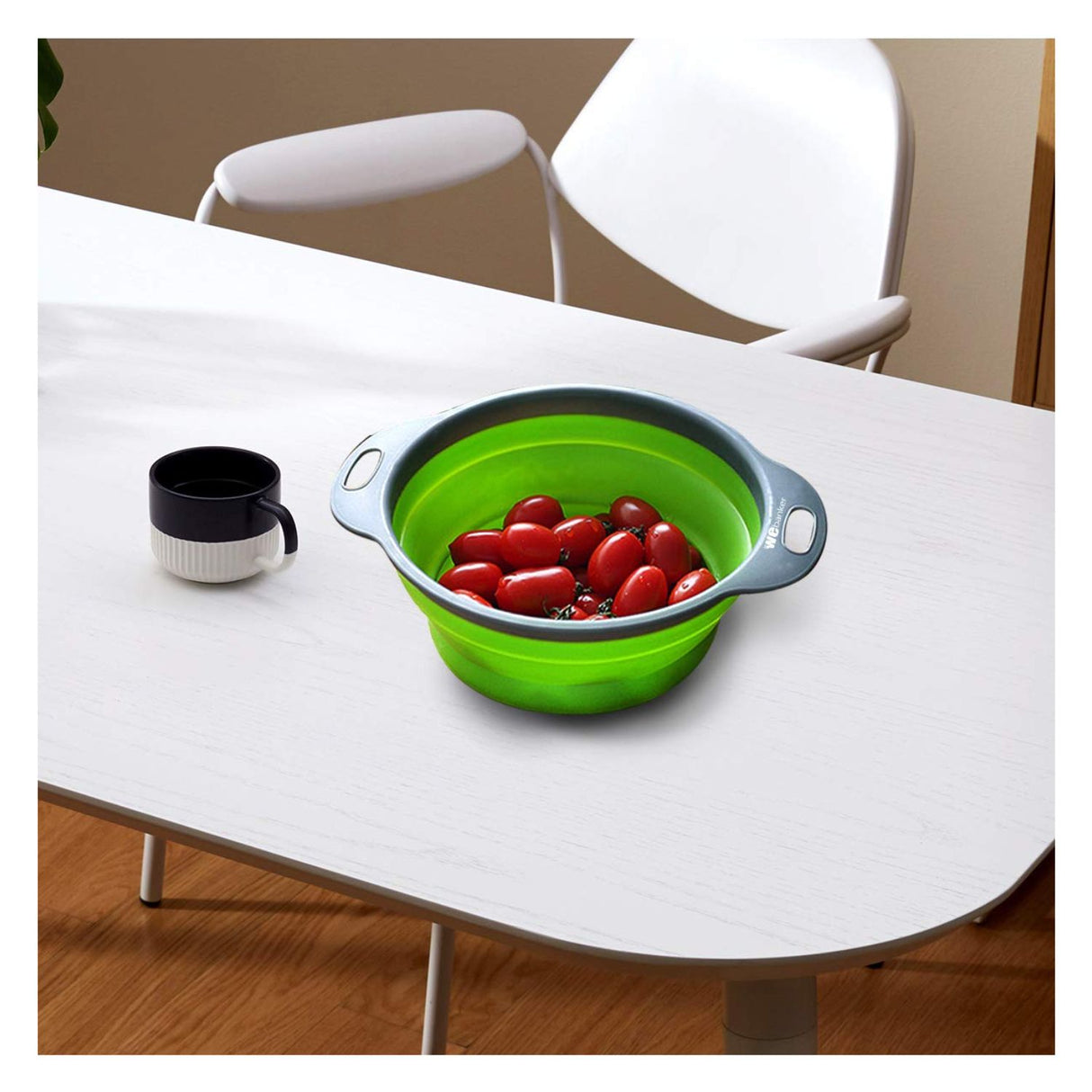 Colador plegable circular verde de 30 cm en silicona, ideal para escurrir pasta y lavar verduras. Resistente al calor y fácil de almacenar.-4