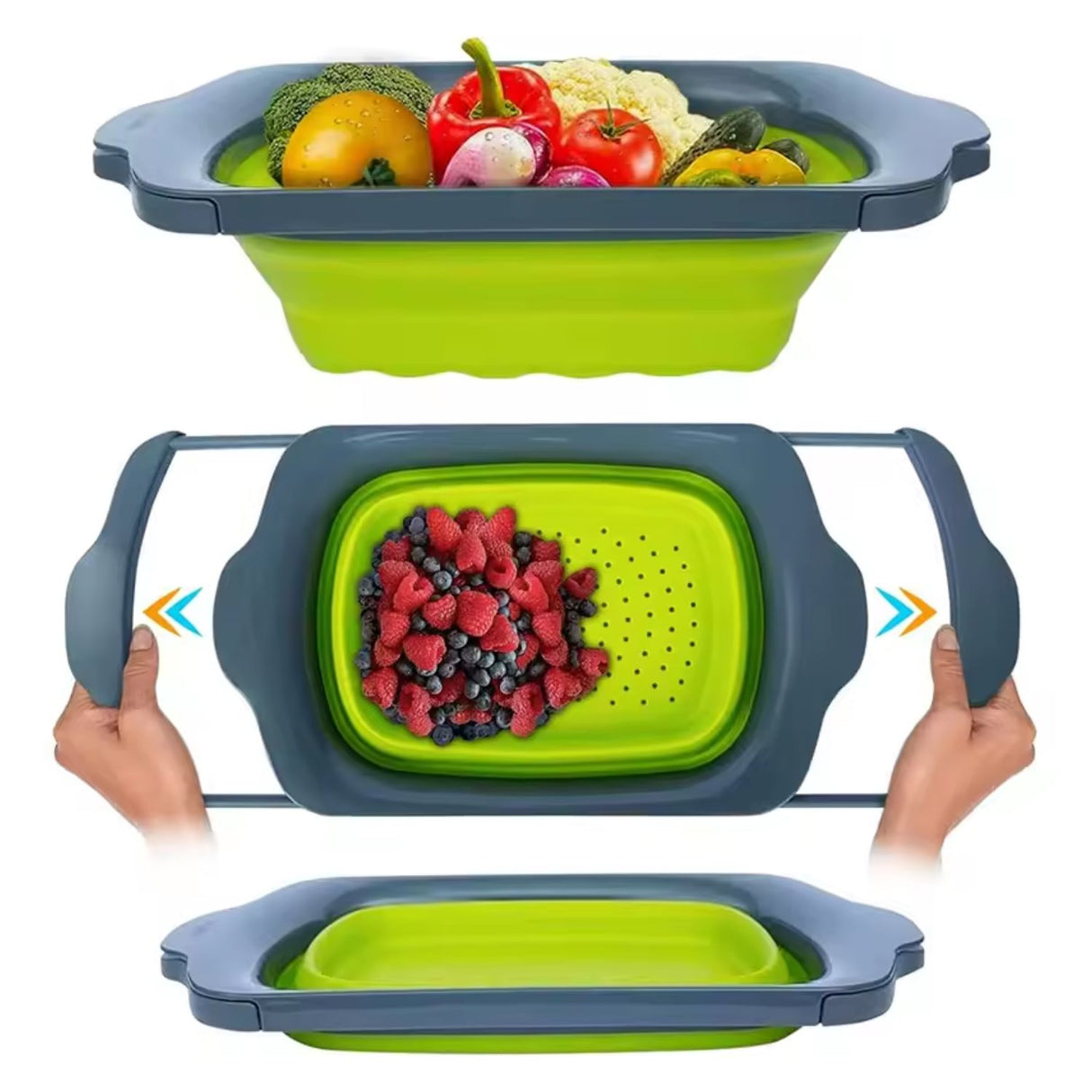Colador extensible plegable verde de 39 cm, ideal para escurrir pasta y verduras. Resistente, fácil de limpiar y compacto para almacenamiento.-1-2-1