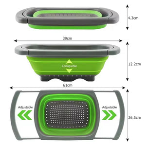 Colador extensible plegable verde de 39 cm, ideal para escurrir pasta y verduras. Resistente, fácil de limpiar y compacto para almacenamiento.-1-3-1